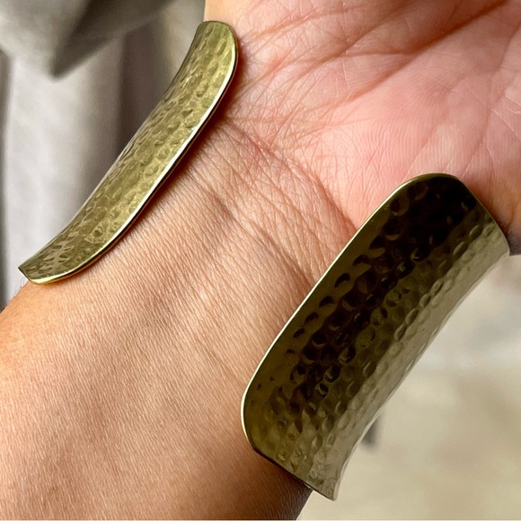 Hammered Brass Cuff Bracelet Adorned with Acrylic Pale Green Stone - Picture 5 of 16